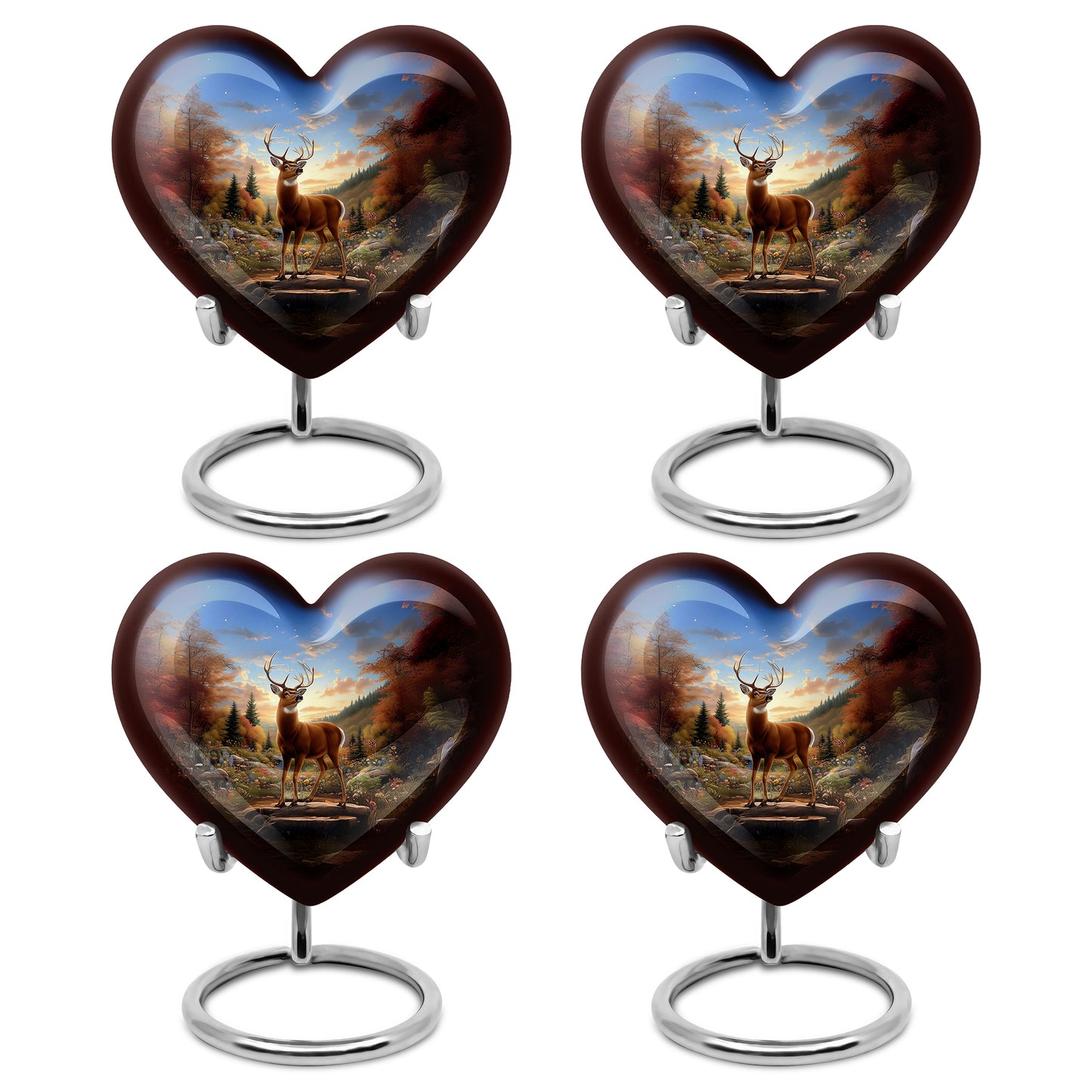 Powder Blue Deer Cremation Urn angled view of lid and engraved motif - heart-shaped deer design symbolizing eternal love - 10 inch aluminum urn for cremated remains