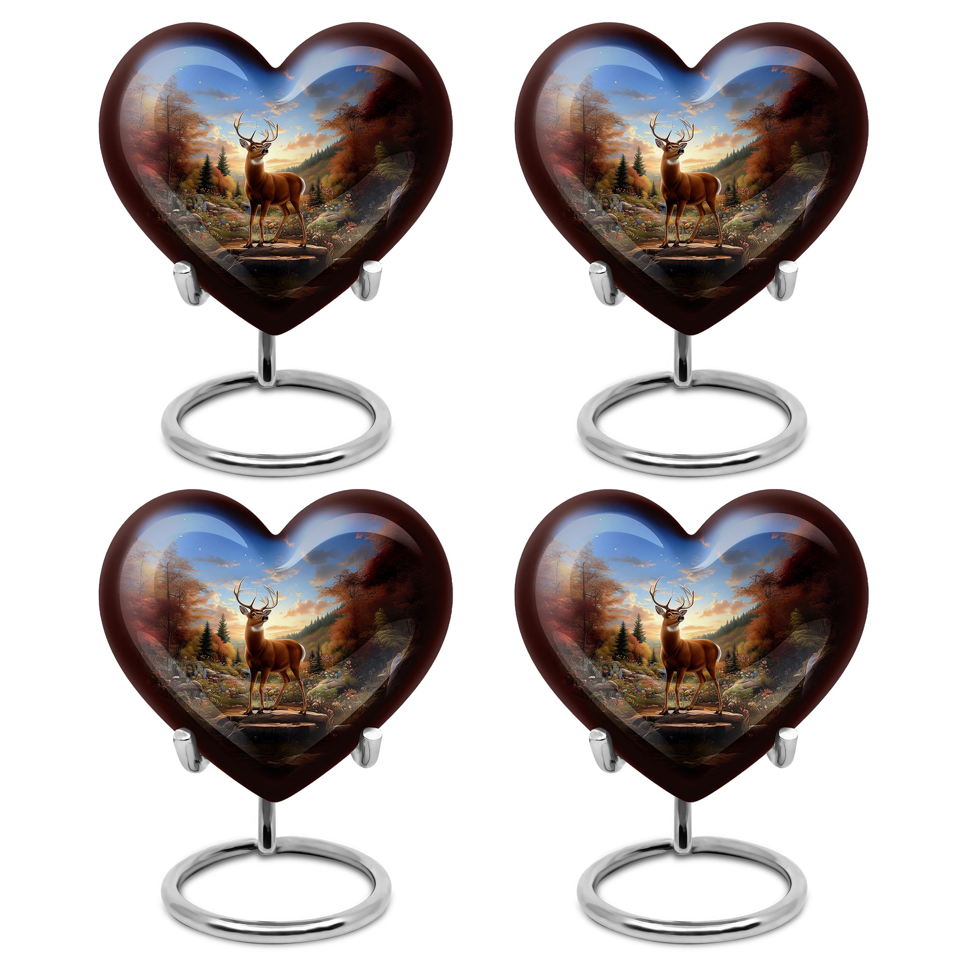 Powder Blue Deer Cremation Urn angled view of lid and engraved motif - heart-shaped deer design symbolizing eternal love - 10 inch aluminum urn for cremated remains