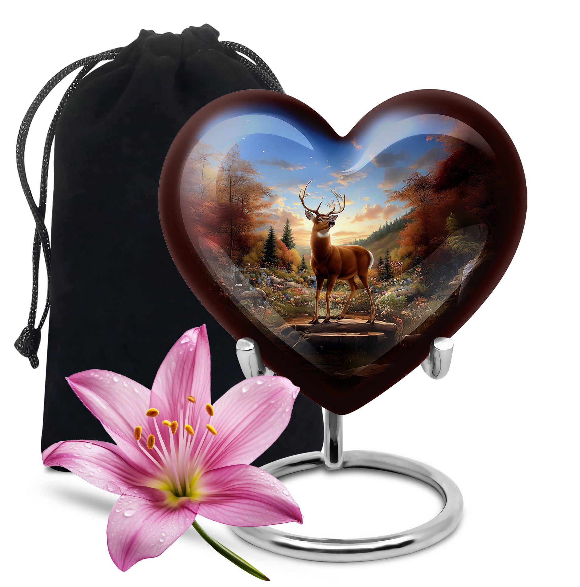 Twilight Blue Deer Cremation Urn detail view - romantic heart urn with deer motif on aluminum - full-size 10 inch 200 cubic inch adult cremation urn