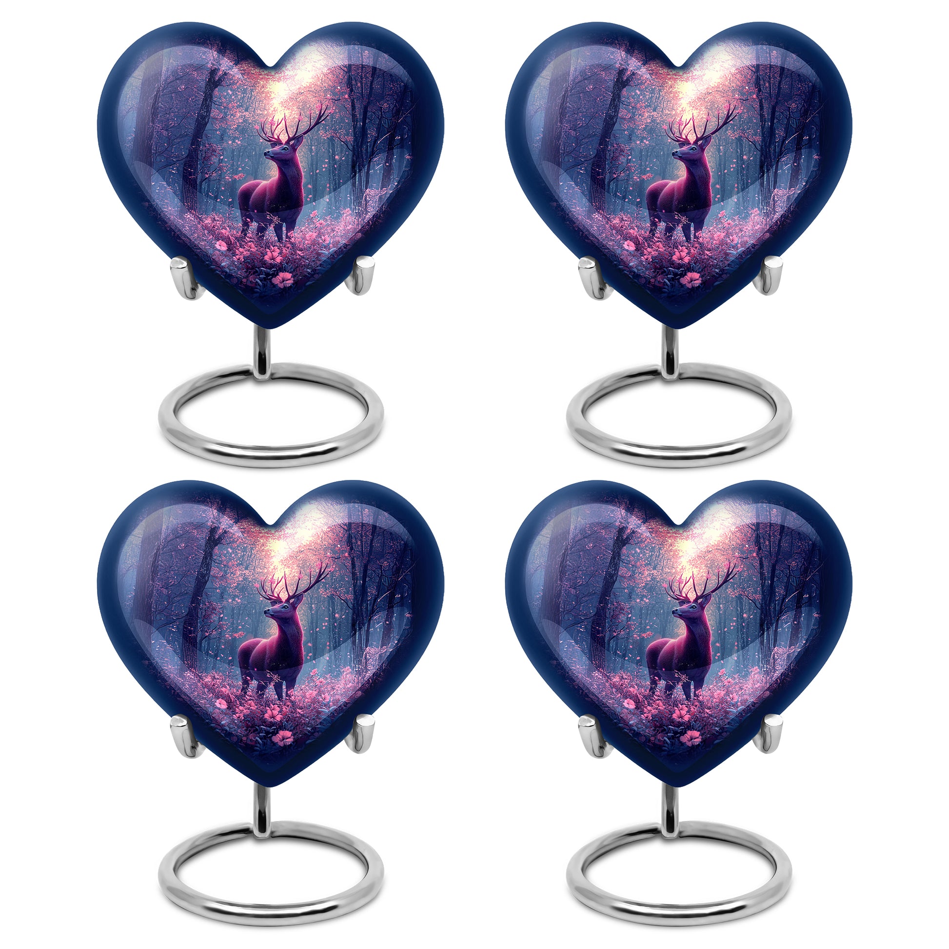 Powder Blue Deer Cremation Urn angled view of lid and engraved motif - heart-shaped deer design symbolizing eternal love - 10 inch aluminum urn for cremated remains