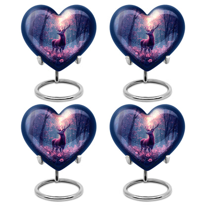 Powder Blue Deer Cremation Urn angled view of lid and engraved motif - heart-shaped deer design symbolizing eternal love - 10 inch aluminum urn for cremated remains