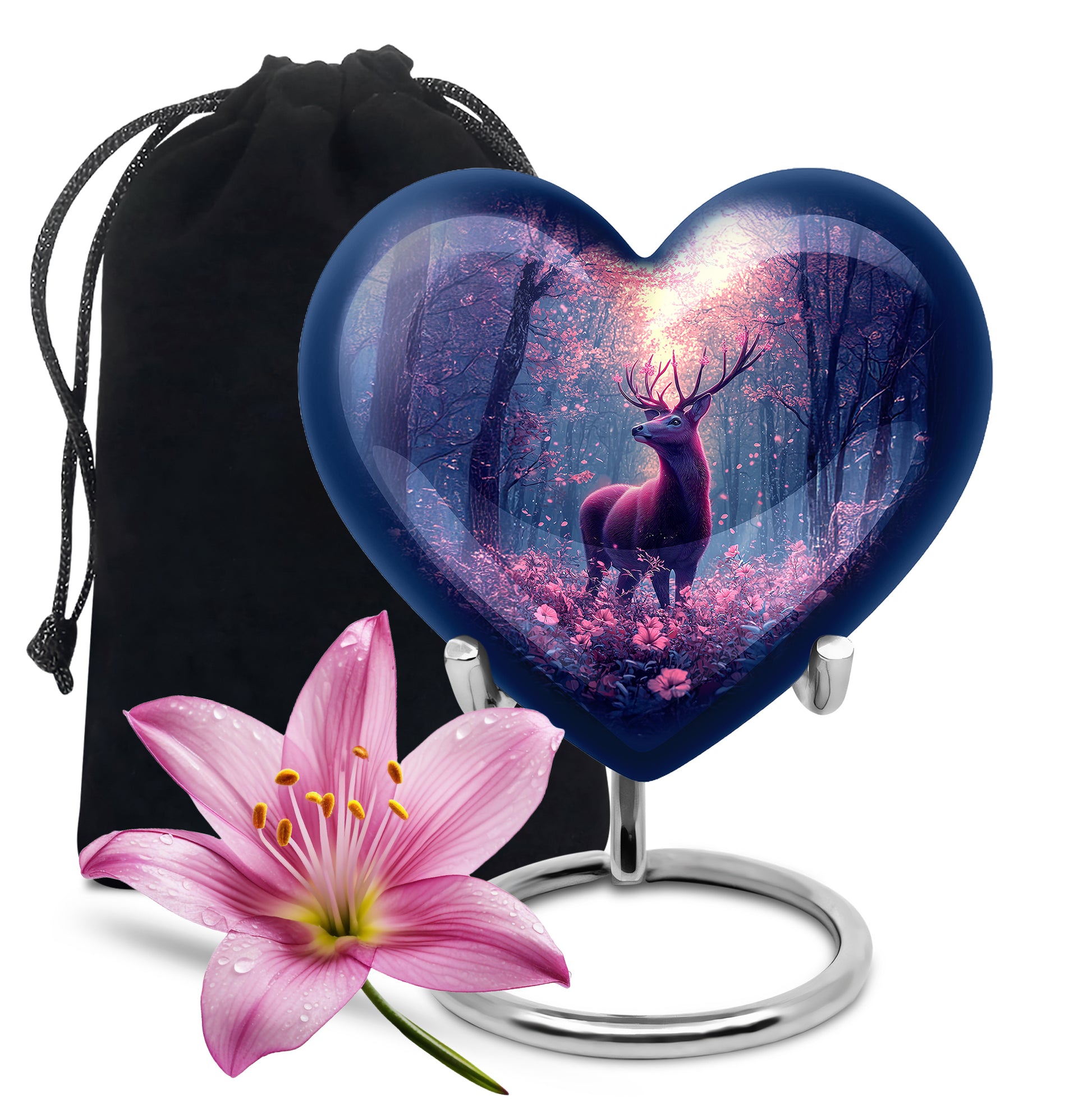 Calming Blue Deer Cremation Urn detail view - romantic heart urn with deer motif on aluminum - full-size 10 inch 200 cubic inch adult cremation urn