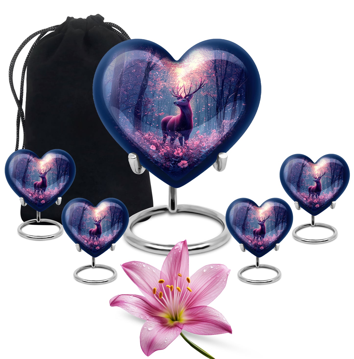 Azure Deer Cremation Urn close-up of engraving and surface detail - heart-shaped deer design symbolizing eternal love - memorial set with one large and four small urns