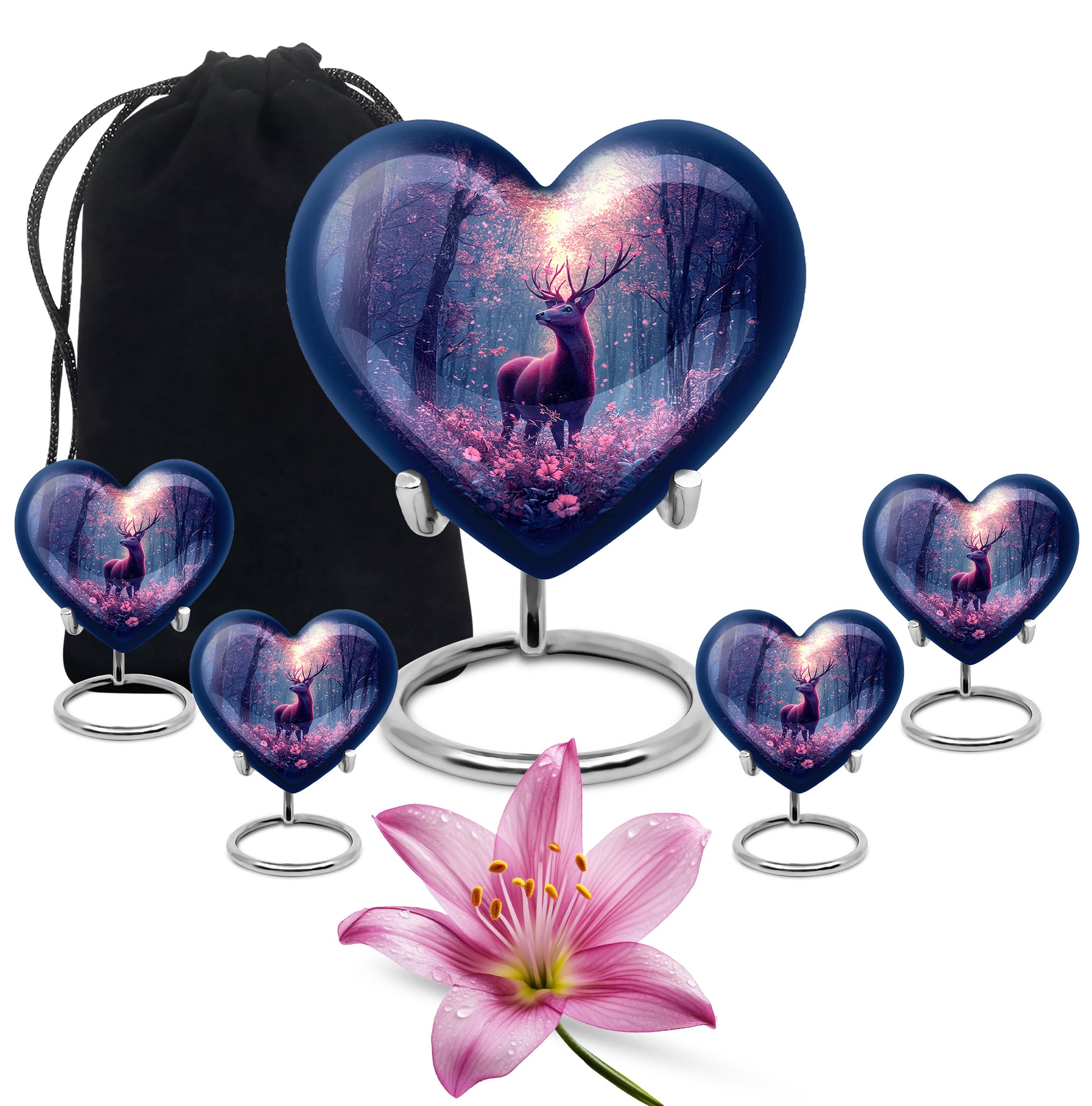 Azure Deer Cremation Urn close-up of engraving and surface detail - heart-shaped deer design symbolizing eternal love - memorial set with one large and four small urns