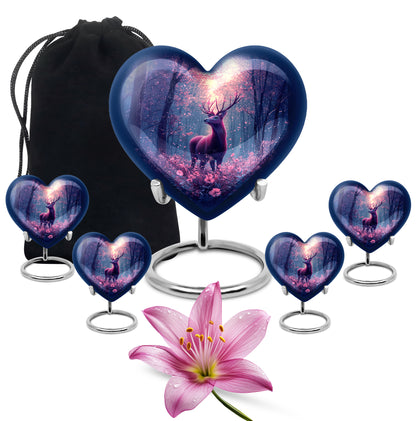 Azure Deer Cremation Urn close-up of engraving and surface detail - heart-shaped deer design symbolizing eternal love - memorial set with one large and four small urns
