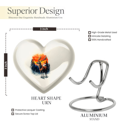Brushed Silver Deer Cremation Urn front view showing detailed design - heart-shaped deer design symbolizing eternal love - mini keepsake memorial for portion of cremation ashes