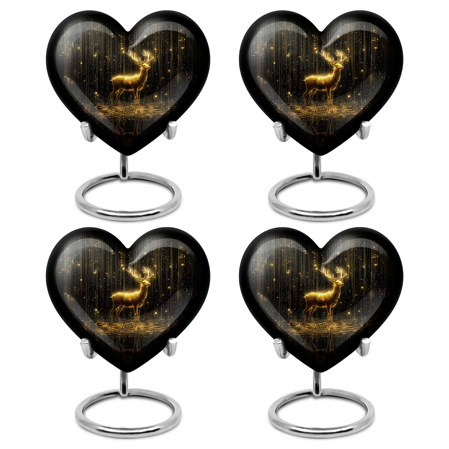 Charcoal Black Deer Cremation Urn angled view of lid and engraved motif - romantic heart urn with deer motif on aluminum - 10 inch aluminum urn for cremated remains