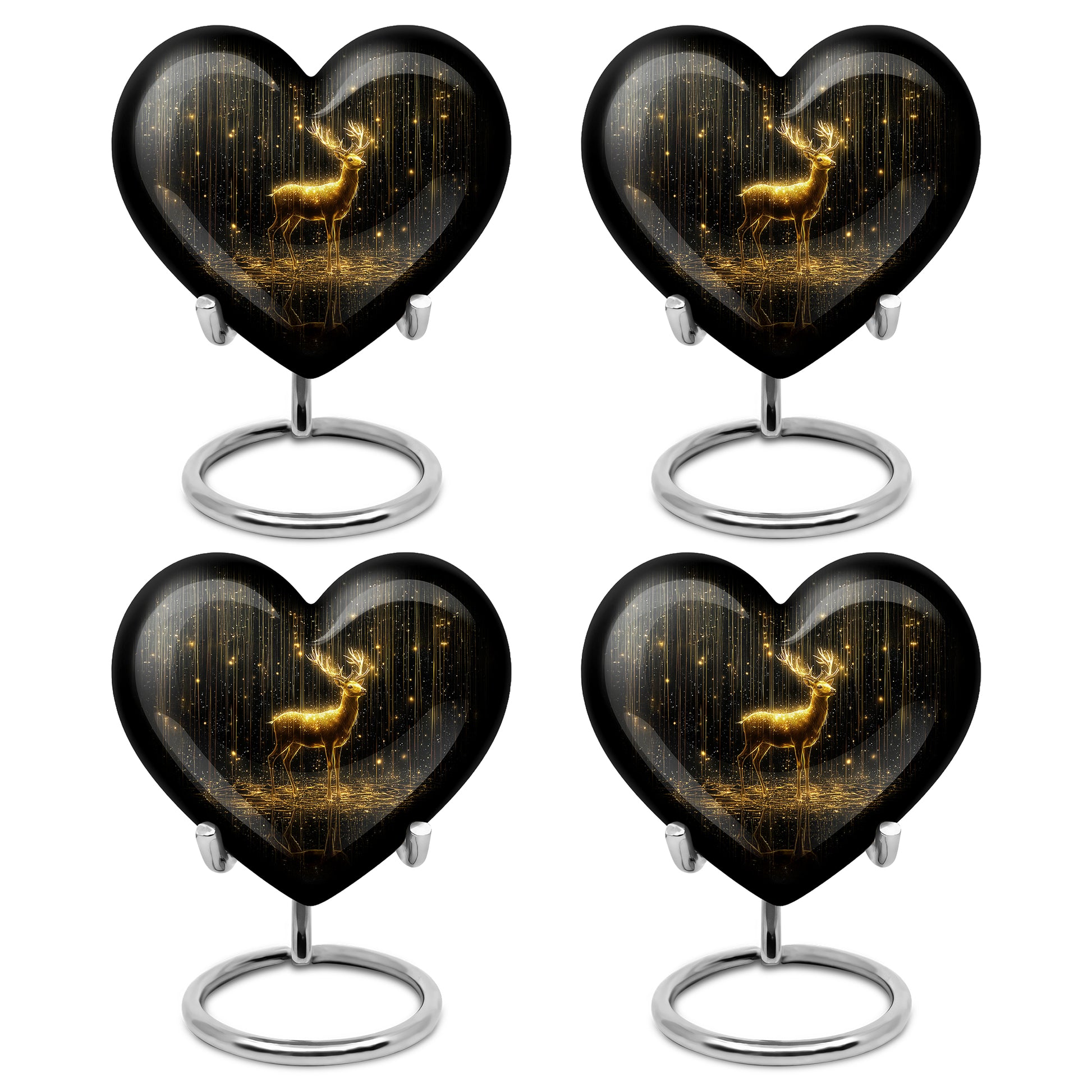Charcoal Black Deer Cremation Urn angled view of lid and engraved motif - romantic heart urn with deer motif on aluminum - 10 inch aluminum urn for cremated remains