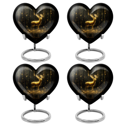 Charcoal Black Deer Cremation Urn angled view of lid and engraved motif - romantic heart urn with deer motif on aluminum - 10 inch aluminum urn for cremated remains