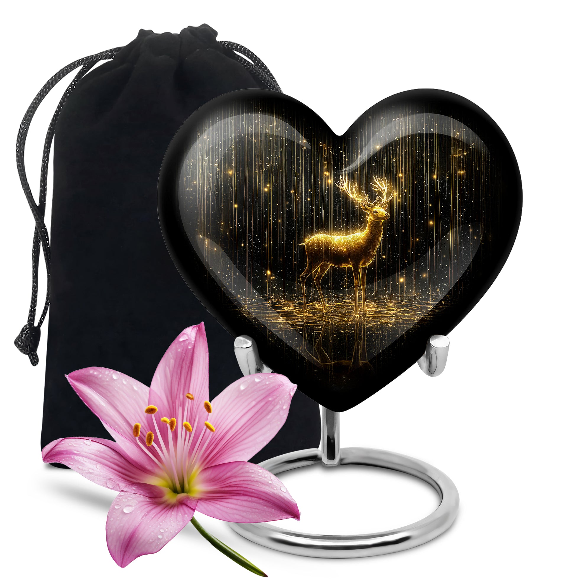 Glossy Black Deer Cremation Urn detail view - heart-shaped deer design symbolizing eternal love - full-size 10 inch 200 cubic inch adult cremation urn