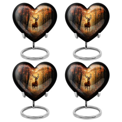 Harvest Gold Deer Cremation Urn angled view of lid and engraved motif - compassionate heart-deer combination with gentle curves - 10 inch aluminum urn for cremated remains