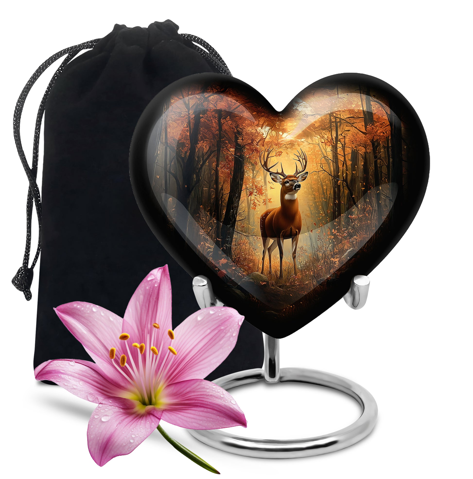 Sunrise Gold Deer Cremation Urn detail view - loving heart memorial featuring deer pattern - full-size 10 inch 200 cubic inch adult cremation urn