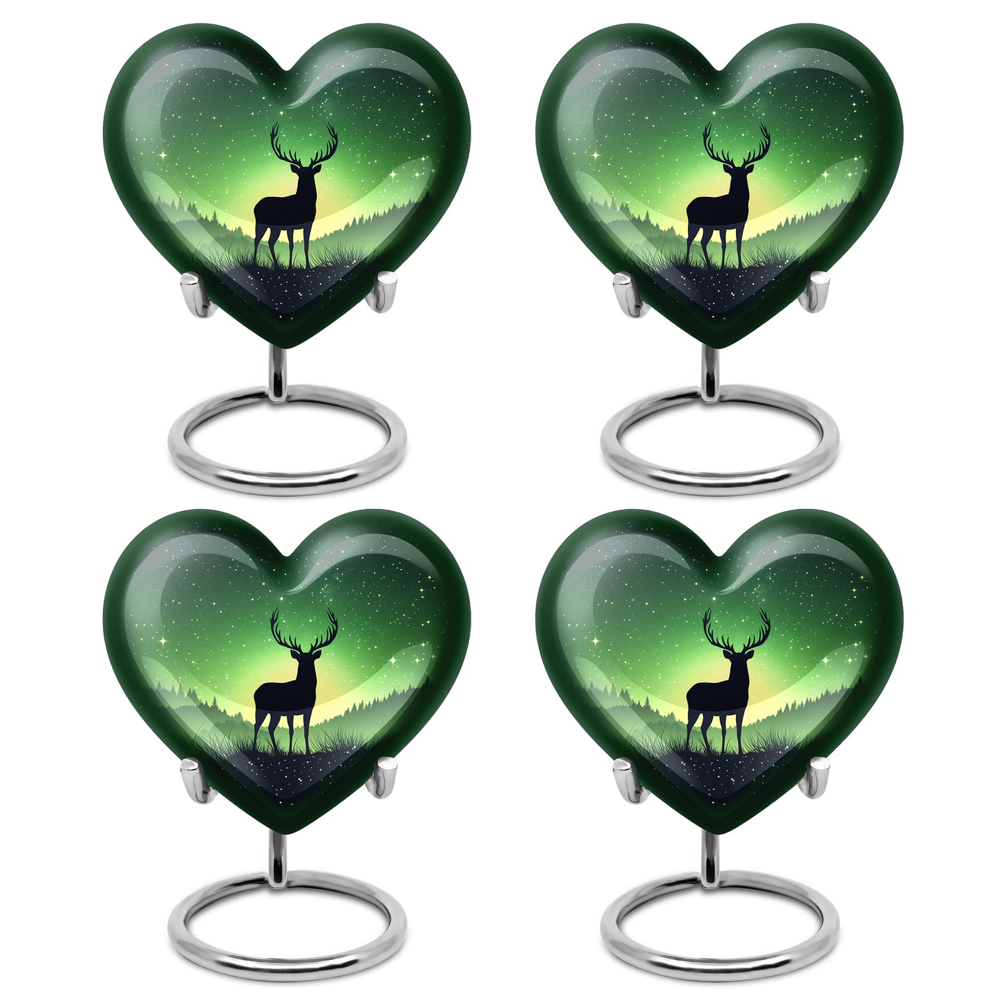 Verdant Green Deer Cremation Urn angled view of lid and engraved motif - loving heart memorial featuring deer pattern - 10 inch aluminum urn for cremated remains