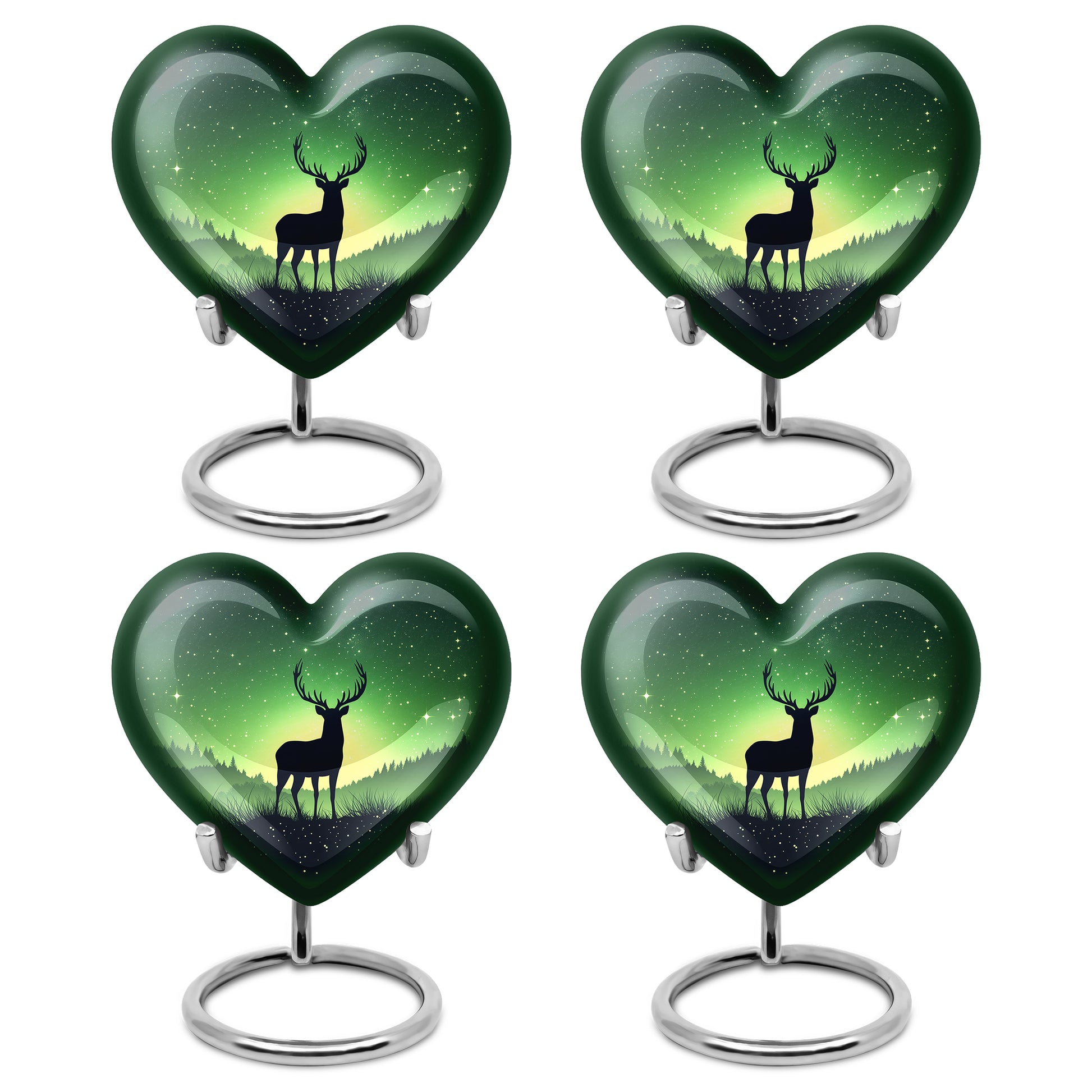 Verdant Green Deer Cremation Urn angled view of lid and engraved motif - loving heart memorial featuring deer pattern - 10 inch aluminum urn for cremated remains