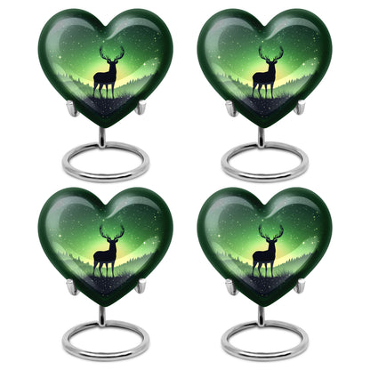 Verdant Green Deer Cremation Urn angled view of lid and engraved motif - loving heart memorial featuring deer pattern - 10 inch aluminum urn for cremated remains