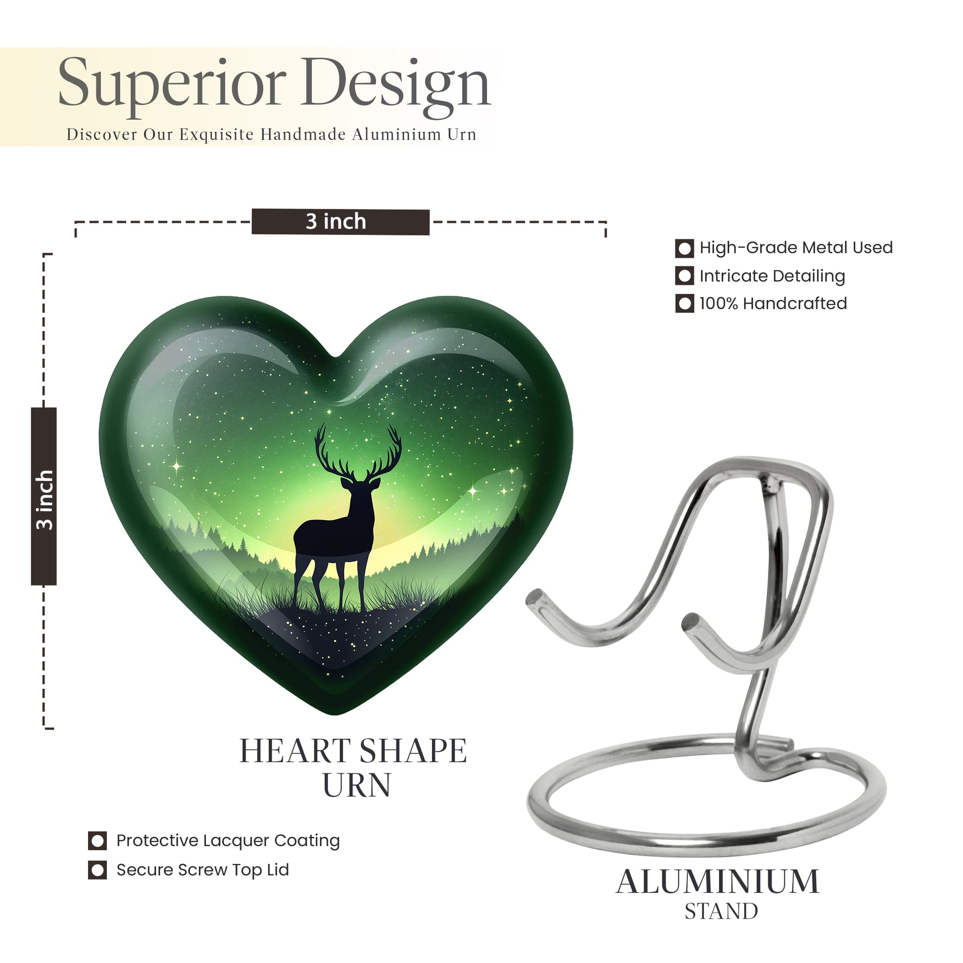 Forest Green Deer Cremation Urn front view showing detailed design - compassionate heart-deer combination with gentle curves - mini keepsake memorial for portion of cremation ashes