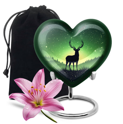 Olive Green Deer Cremation Urn detail view - compassionate heart-deer combination with gentle curves - full-size 10 inch 200 cubic inch adult cremation urn