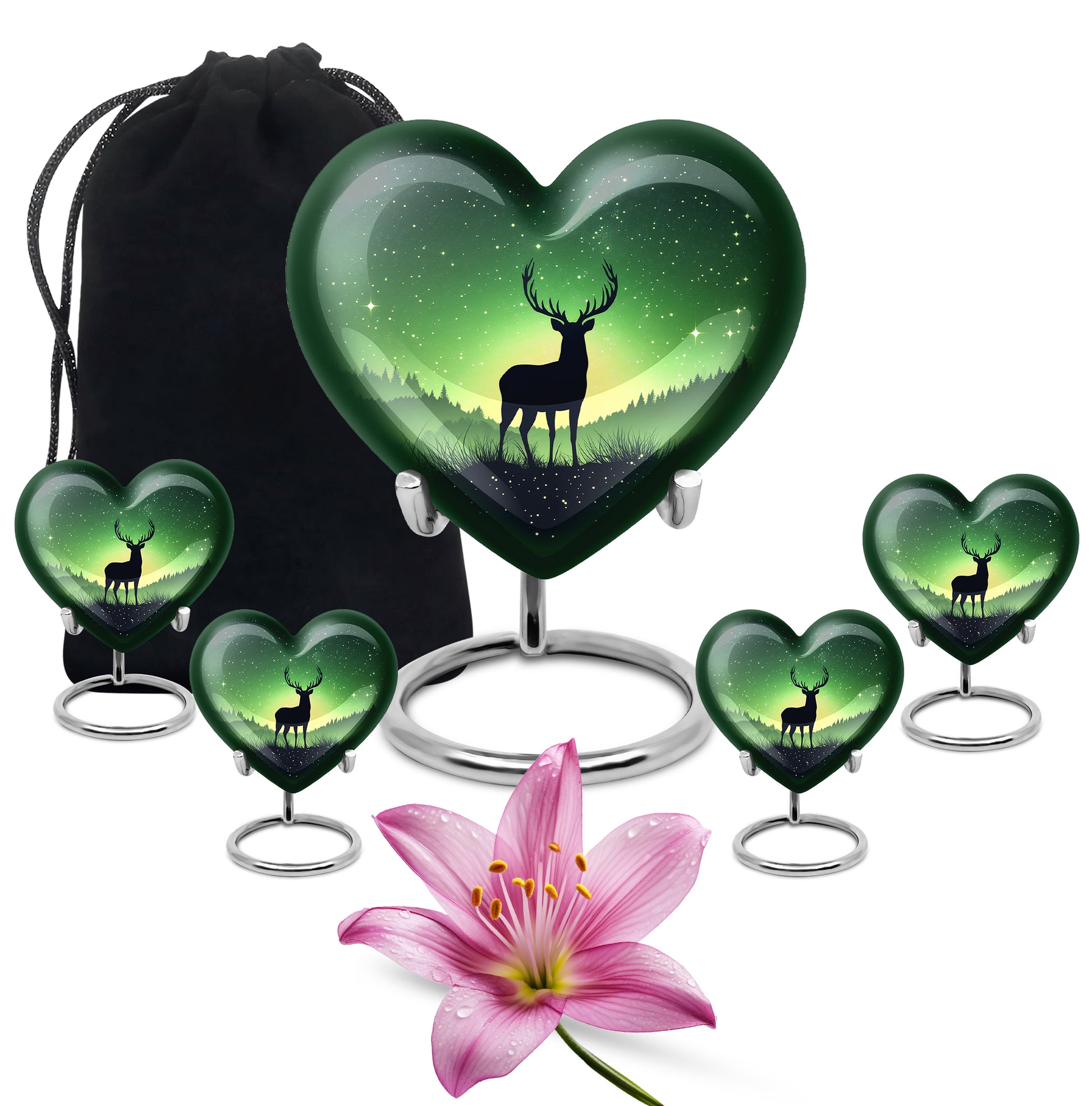 Emerald Green Deer Cremation Urn close-up of engraving and surface detail - heart-shaped deer design symbolizing eternal love - memorial set with one large and four small urns