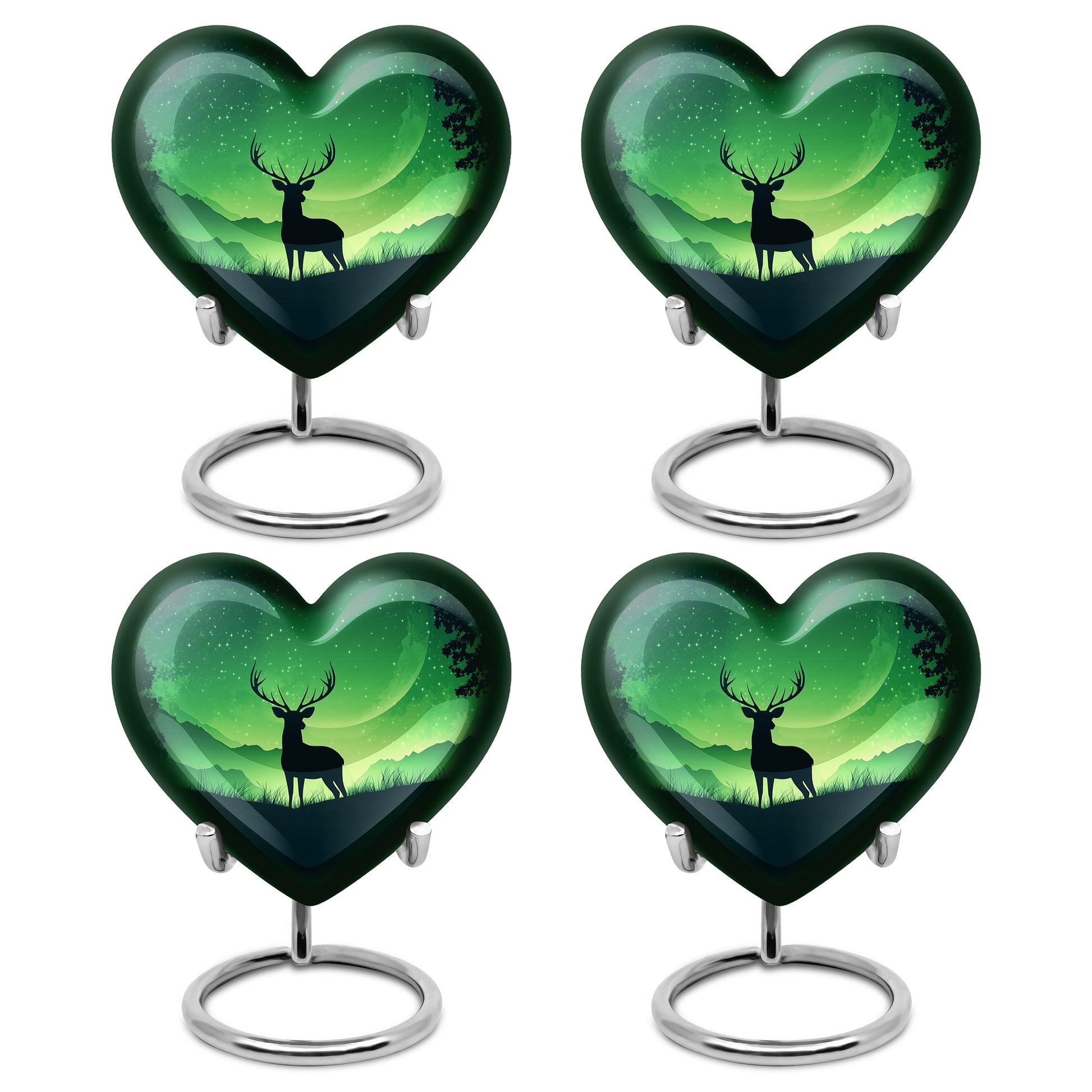 Sage Green Deer Cremation Urn angled view of lid and engraved motif - loving heart memorial featuring deer pattern - 10 inch aluminum urn for cremated remains