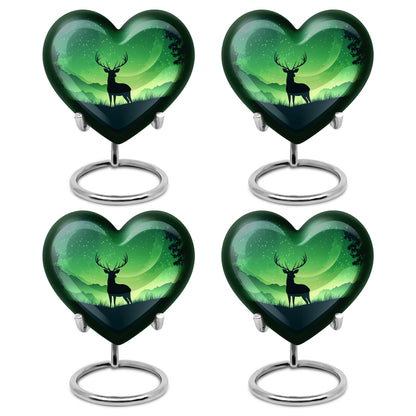 Sage Green Deer Cremation Urn angled view of lid and engraved motif - loving heart memorial featuring deer pattern - 10 inch aluminum urn for cremated remains