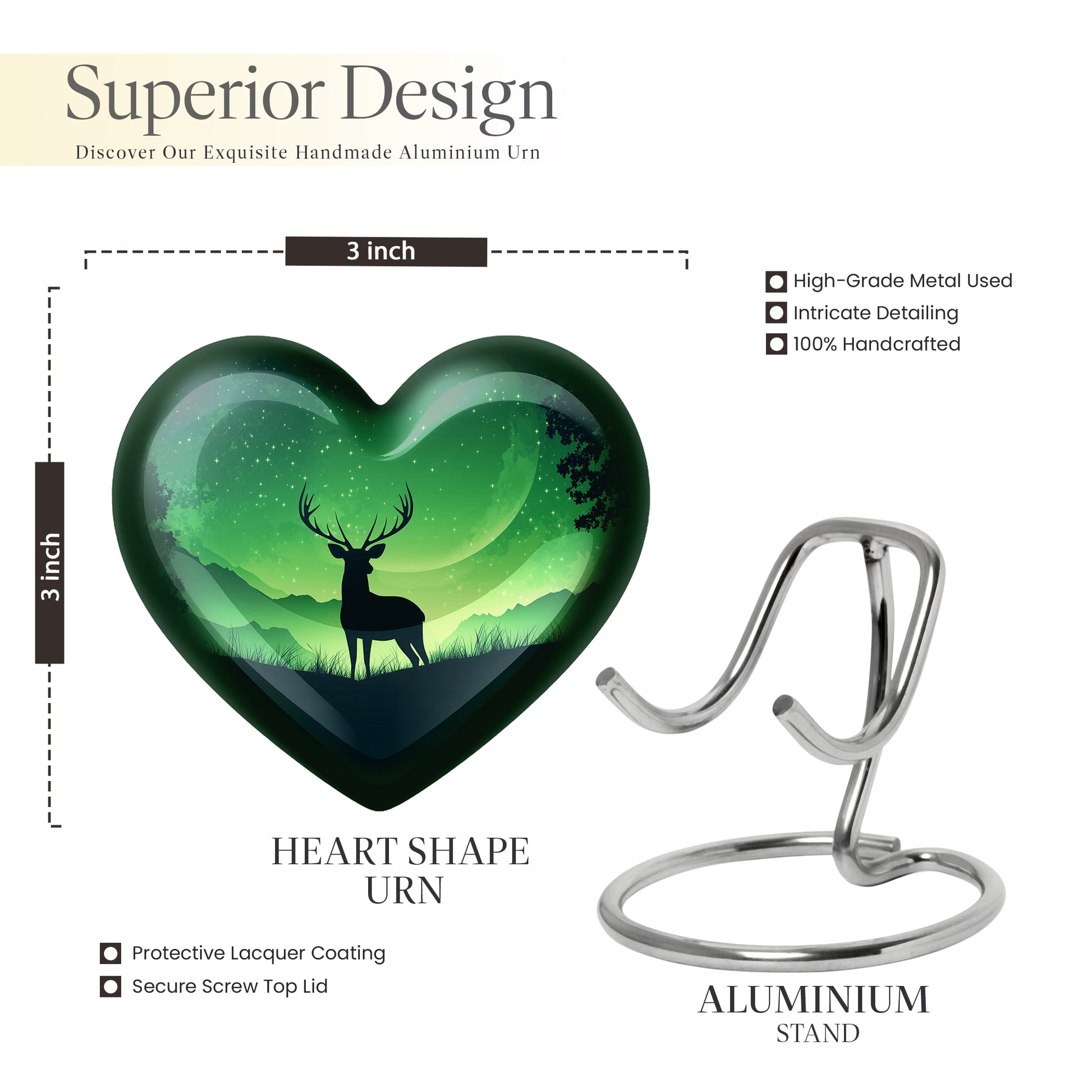 Moss Green Deer Cremation Urn front view showing detailed design - loving heart memorial featuring deer pattern - mini keepsake memorial for portion of cremation ashes