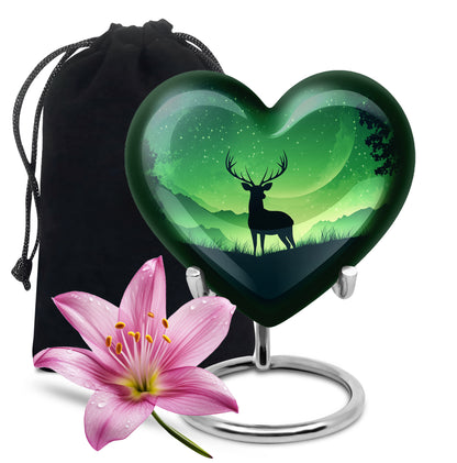 Mint Green Deer Cremation Urn detail view - romantic heart urn with deer motif on aluminum - full-size 10 inch 200 cubic inch adult cremation urn