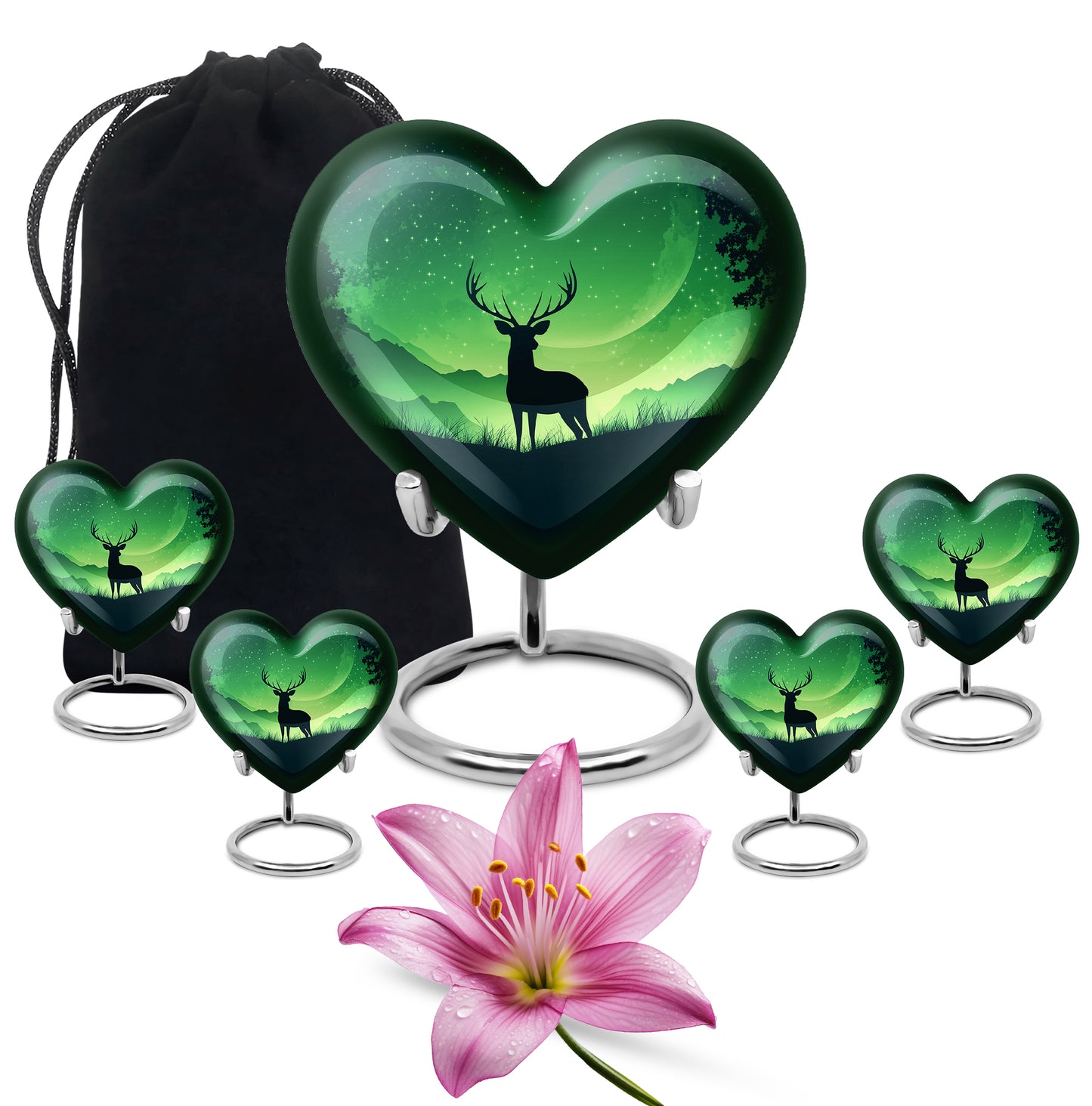 Mint Green Deer Cremation Urn close-up of engraving and surface detail - compassionate heart-deer combination with gentle curves - memorial set with one large and four small urns