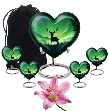Mint Green Deer Cremation Urn close-up of engraving and surface detail - compassionate heart-deer combination with gentle curves - memorial set with one large and four small urns