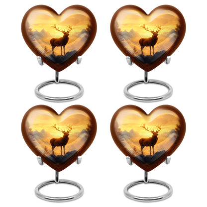 Royal Gold Deer Cremation Urn angled view of lid and engraved motif - compassionate heart-deer combination with gentle curves - 10 inch aluminum urn for cremated remains