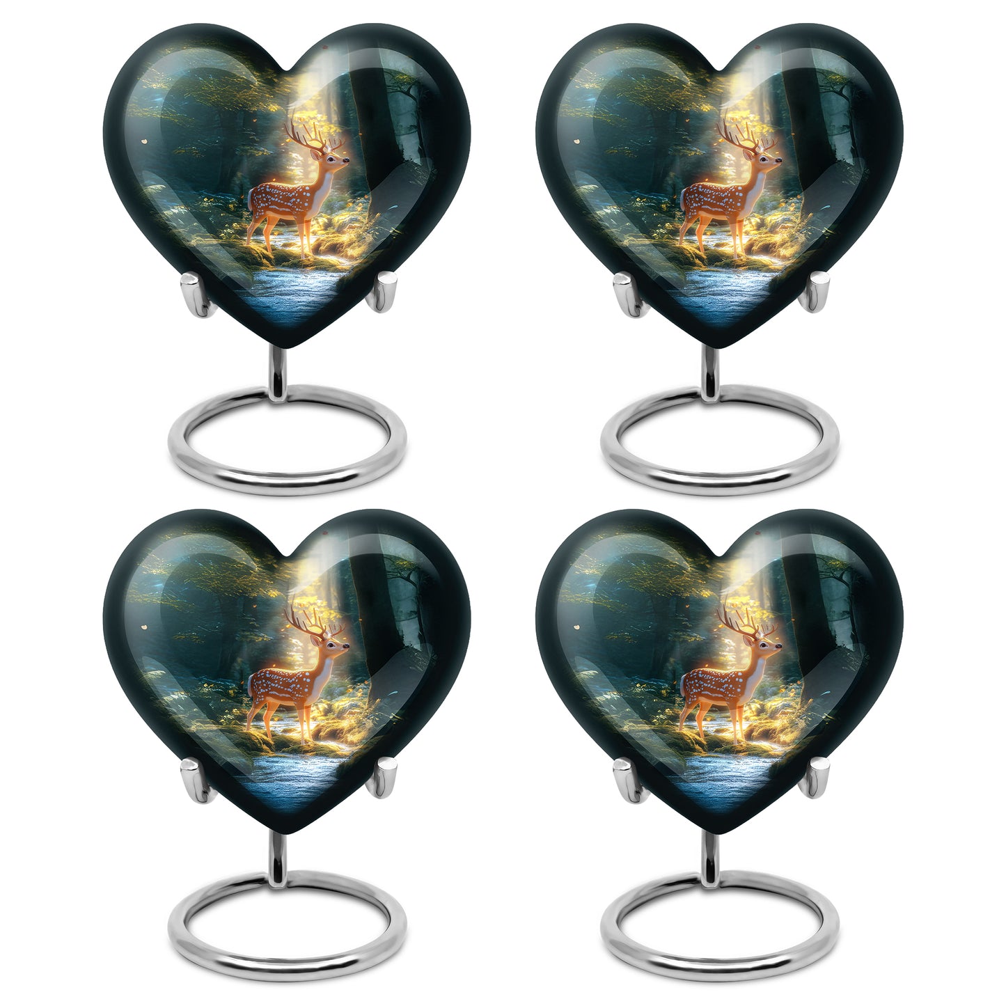 Deep Teal Deer Cremation Urn angled view of lid and engraved motif - compassionate heart-deer combination with gentle curves - 10 inch aluminum urn for cremated remains