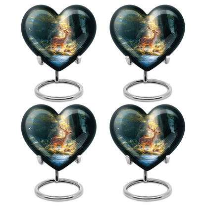 Deep Teal Deer Cremation Urn angled view of lid and engraved motif - compassionate heart-deer combination with gentle curves - 10 inch aluminum urn for cremated remains