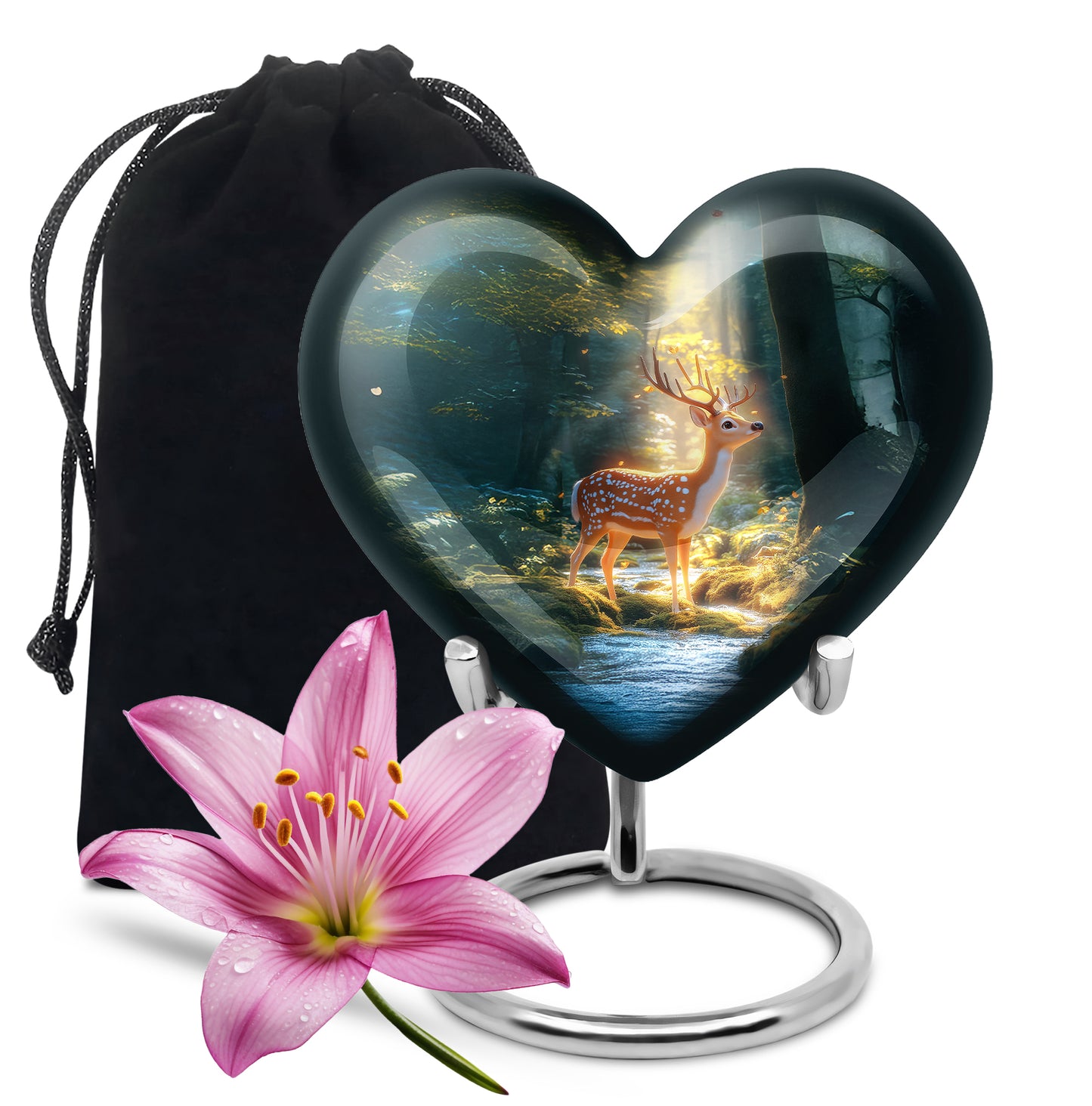 Mystic Teal Deer Cremation Urn detail view - romantic heart urn with deer motif on aluminum - full-size 10 inch 200 cubic inch adult cremation urn
