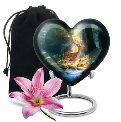 Mystic Teal Deer Cremation Urn detail view - romantic heart urn with deer motif on aluminum - full-size 10 inch 200 cubic inch adult cremation urn