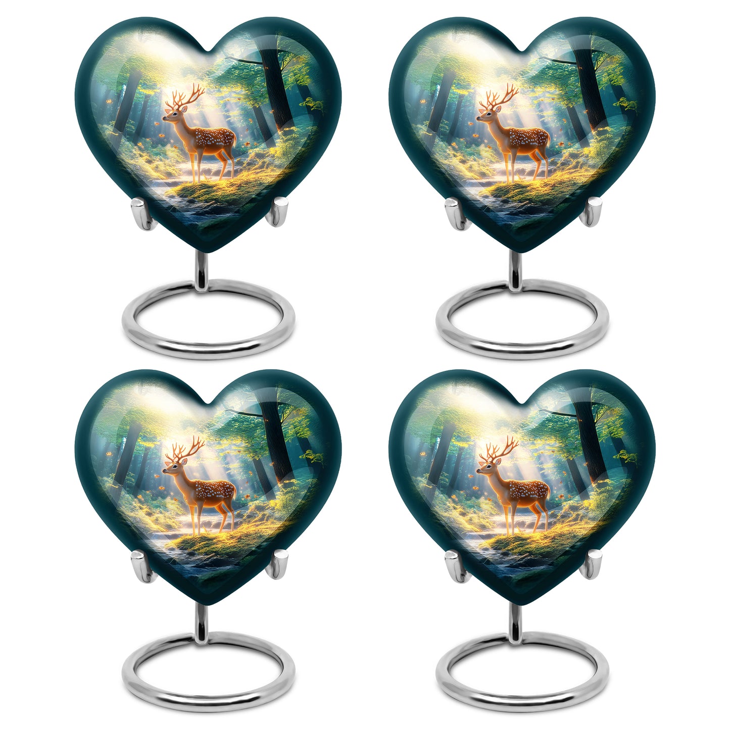 Slate Blue Deer Cremation Urn angled view of lid and engraved motif - heart-shaped deer design symbolizing eternal love - 10 inch aluminum urn for cremated remains