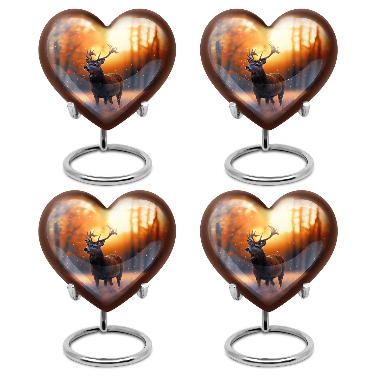 Sunrise Gold Deer Cremation Urn angled view of lid and engraved motif - heart-shaped deer design symbolizing eternal love - 10 inch aluminum urn for cremated remains