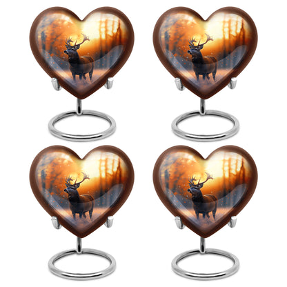 Sunrise Gold Deer Cremation Urn angled view of lid and engraved motif - heart-shaped deer design symbolizing eternal love - 10 inch aluminum urn for cremated remains