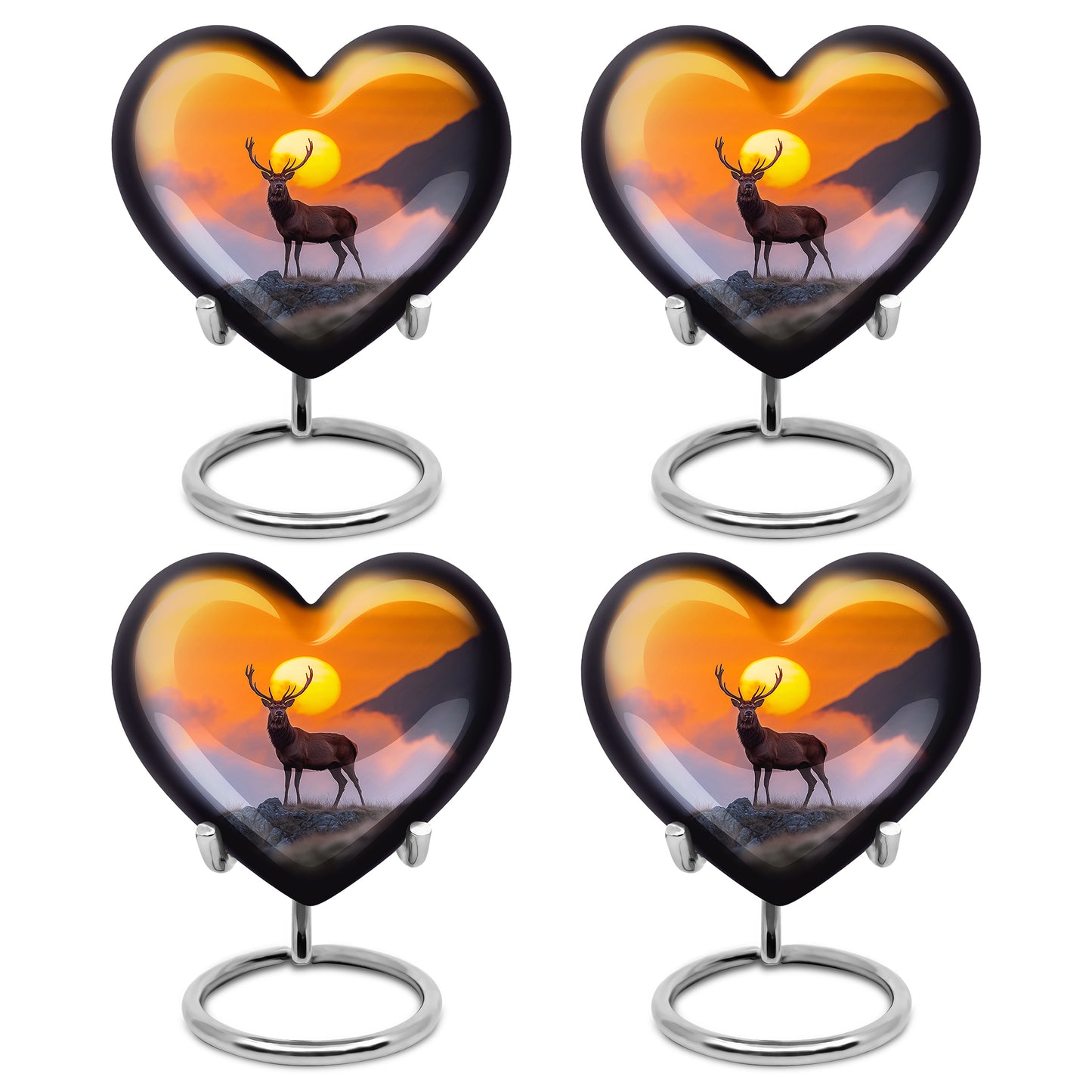 Royal Gold Deer Cremation Urn angled view of lid and engraved motif - compassionate heart-deer combination with gentle curves - 10 inch aluminum urn for cremated remains