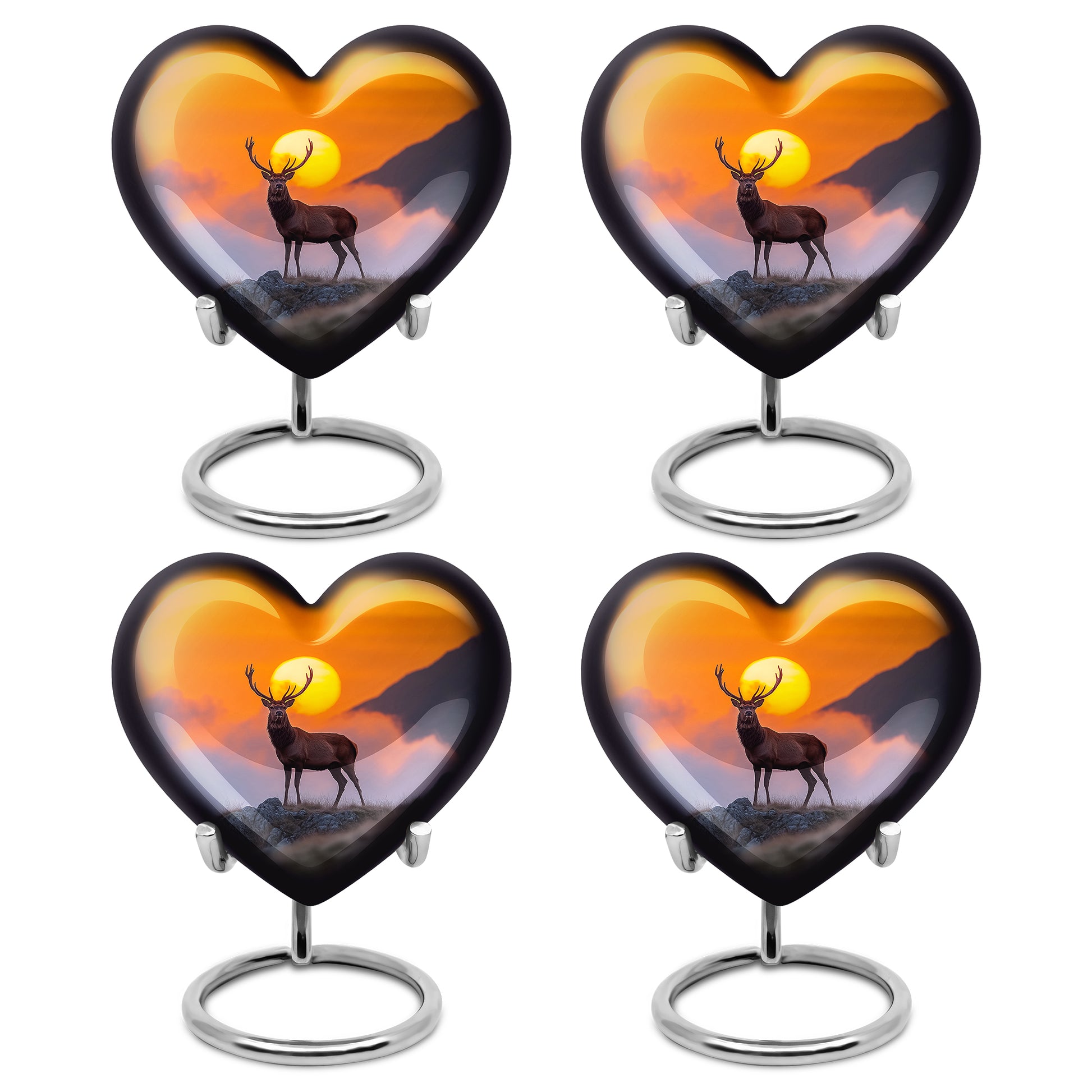 Royal Gold Deer Cremation Urn angled view of lid and engraved motif - compassionate heart-deer combination with gentle curves - 10 inch aluminum urn for cremated remains