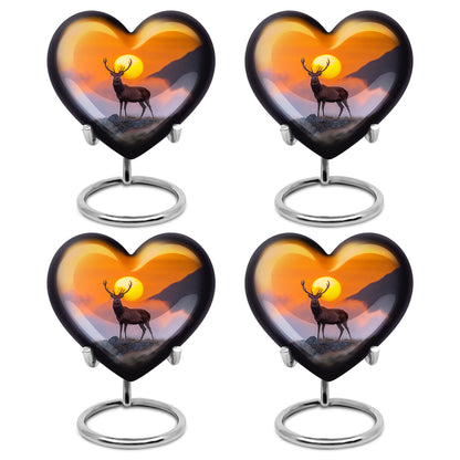 Royal Gold Deer Cremation Urn angled view of lid and engraved motif - compassionate heart-deer combination with gentle curves - 10 inch aluminum urn for cremated remains