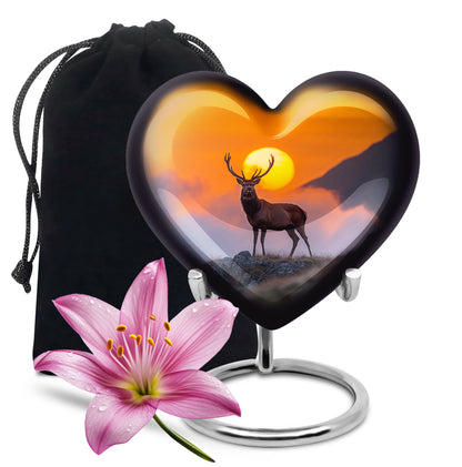 Harvest Gold Deer Cremation Urn detail view - romantic heart urn with deer motif on aluminum - full-size 10 inch 200 cubic inch adult cremation urn