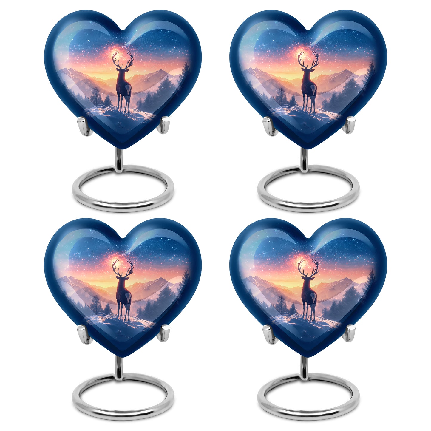 Indigo Deer Cremation Urn angled view of lid and engraved motif - heart-shaped deer design symbolizing eternal love - 10 inch aluminum urn for cremated remains