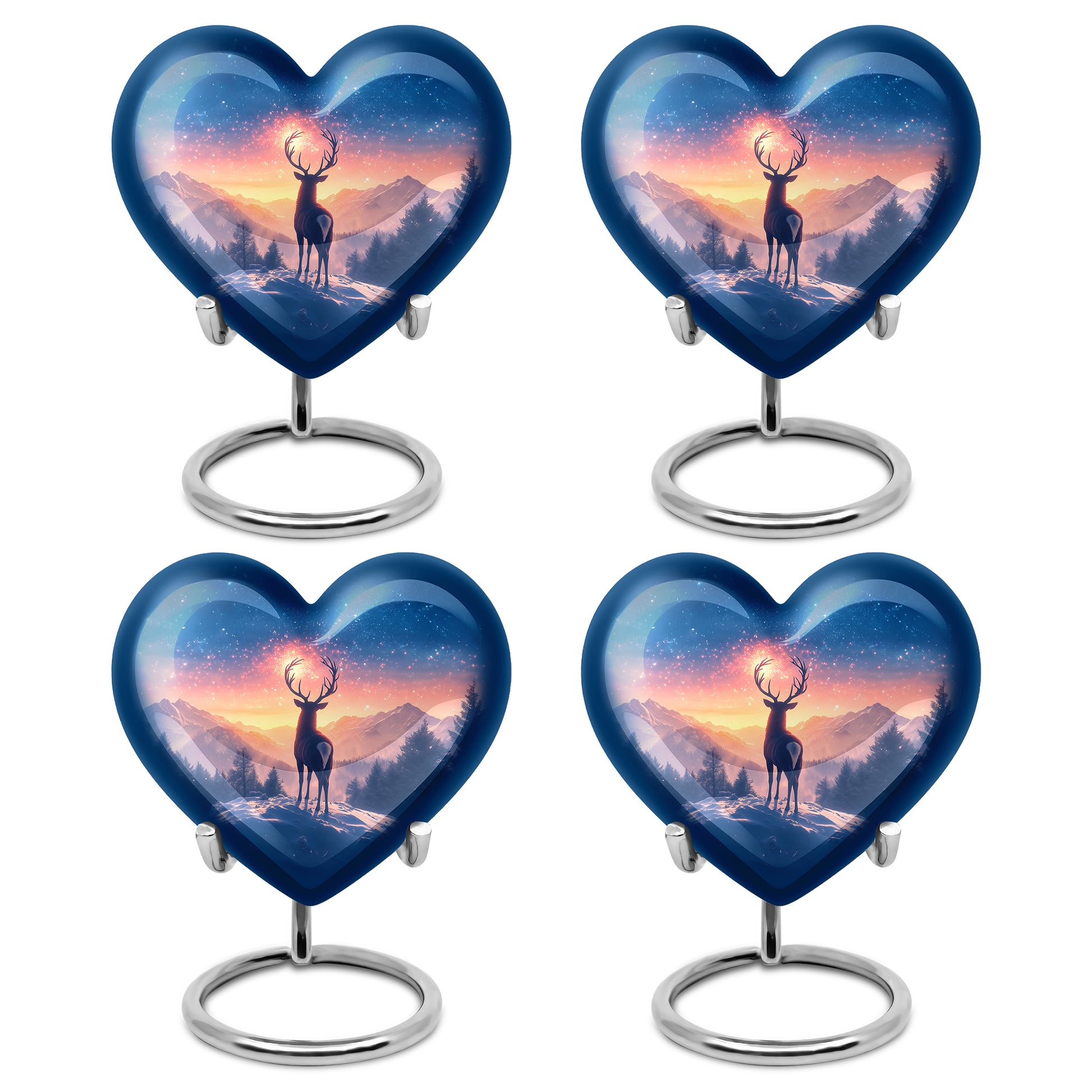 Indigo Deer Cremation Urn angled view of lid and engraved motif - heart-shaped deer design symbolizing eternal love - 10 inch aluminum urn for cremated remains