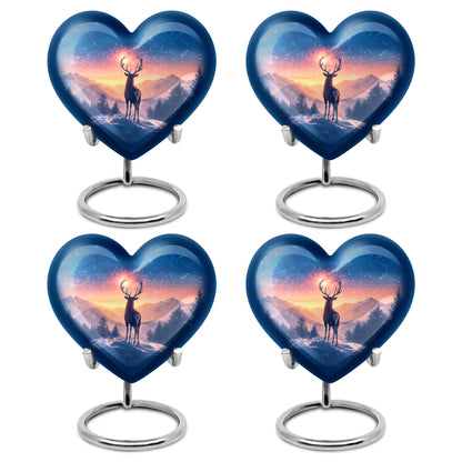 Indigo Deer Cremation Urn angled view of lid and engraved motif - heart-shaped deer design symbolizing eternal love - 10 inch aluminum urn for cremated remains