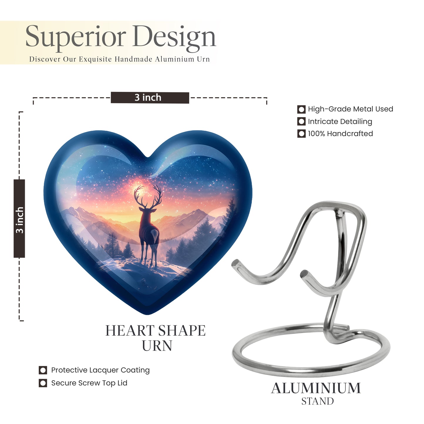 Dusty Blue Deer Cremation Urn front view showing detailed design - heart-shaped deer design symbolizing eternal love - mini keepsake memorial for portion of cremation ashes