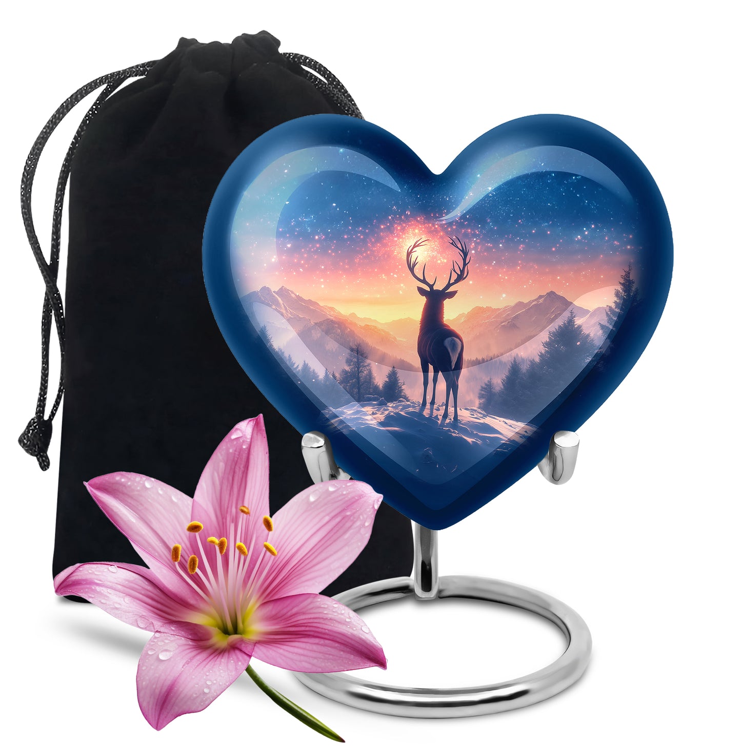 Steel Blue Deer Cremation Urn detail view - compassionate heart-deer combination with gentle curves - full-size 10 inch 200 cubic inch adult cremation urn