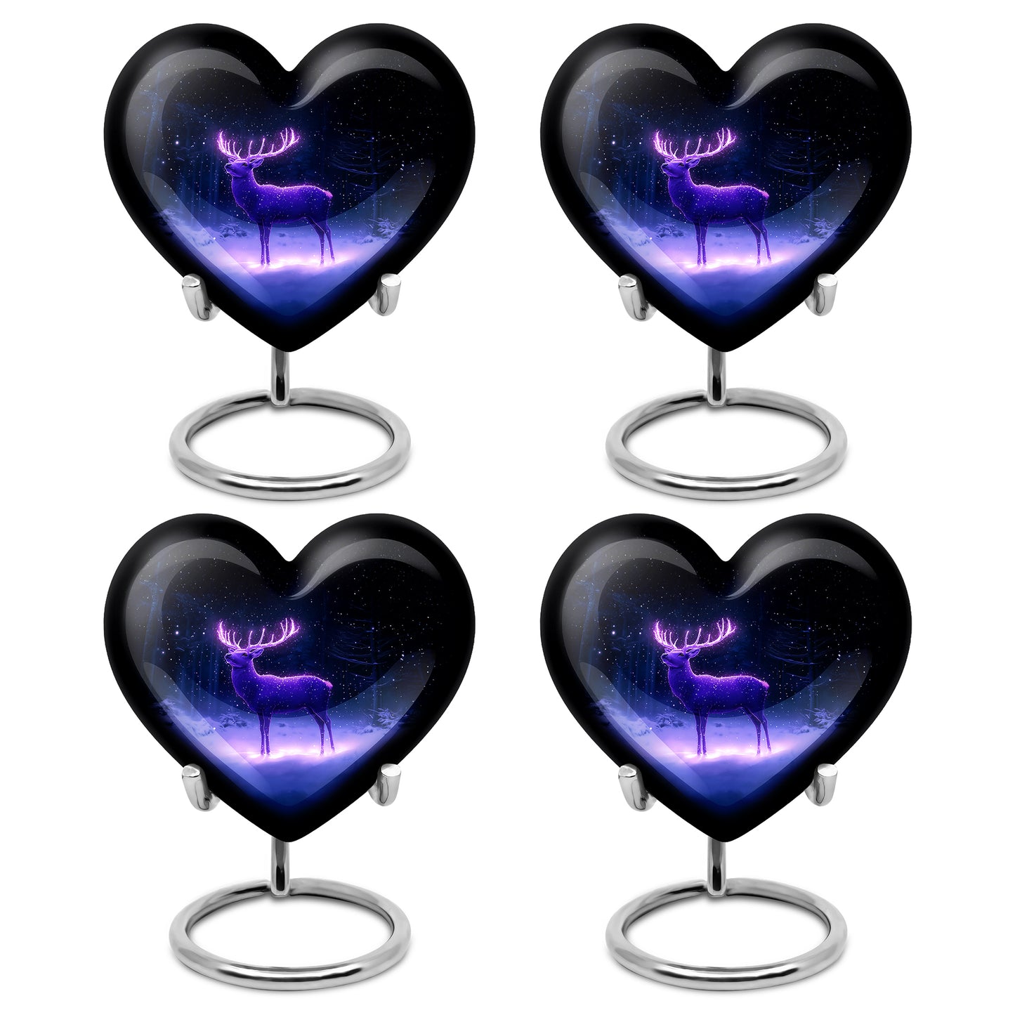 Pastel Blue Deer Cremation Urn angled view of lid and engraved motif - heart-shaped deer design symbolizing eternal love - 10 inch aluminum urn for cremated remains