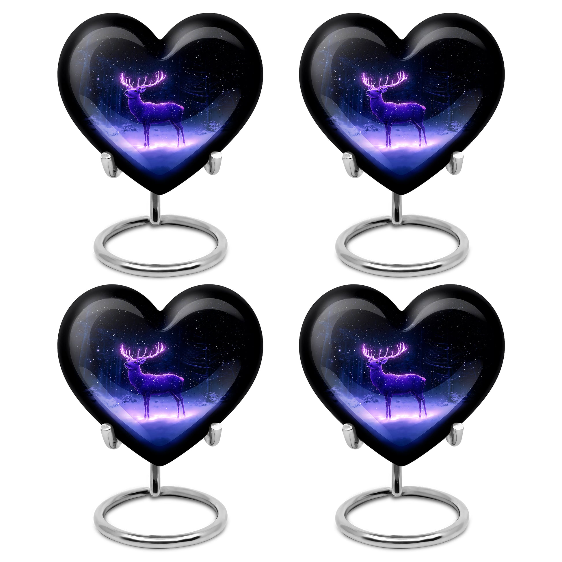 Pastel Blue Deer Cremation Urn angled view of lid and engraved motif - heart-shaped deer design symbolizing eternal love - 10 inch aluminum urn for cremated remains