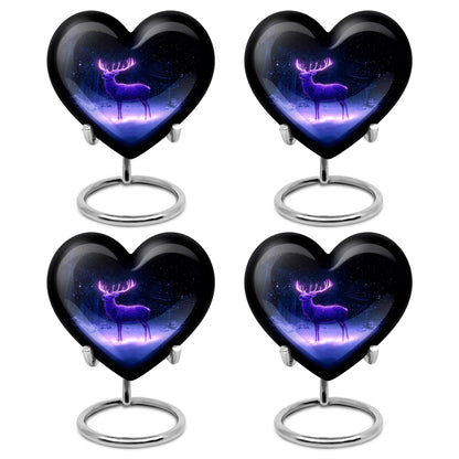 Pastel Blue Deer Cremation Urn angled view of lid and engraved motif - heart-shaped deer design symbolizing eternal love - 10 inch aluminum urn for cremated remains