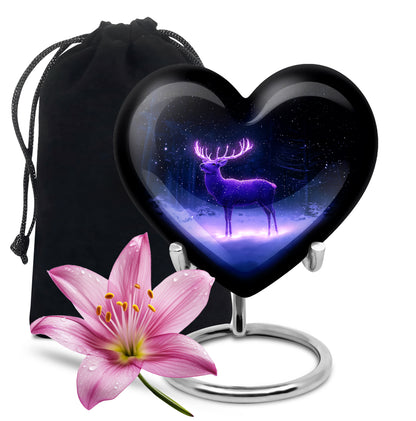 Soft Blue Deer Cremation Urn detail view - romantic heart urn with deer motif on aluminum - full-size 10 inch 200 cubic inch adult cremation urn