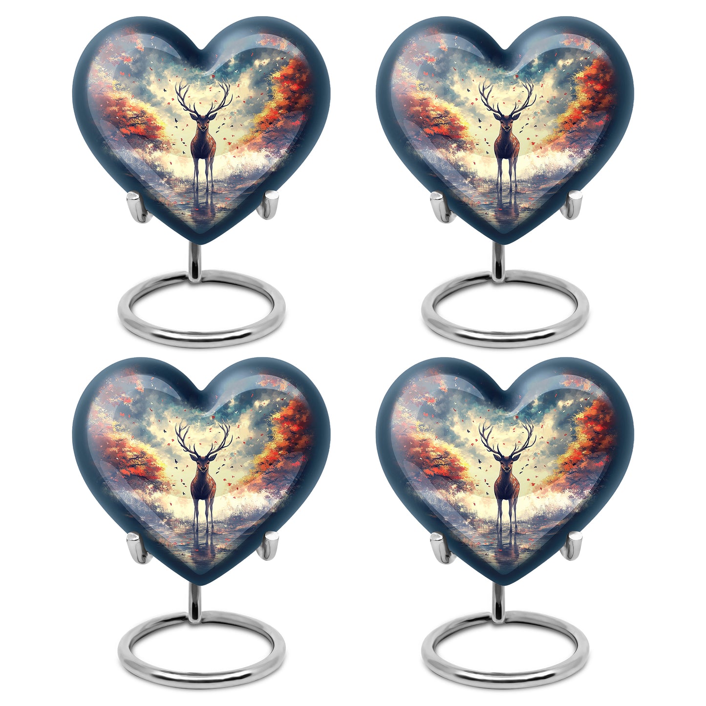 Azure Deer Cremation Urn angled view of lid and engraved motif - heart-shaped deer design symbolizing eternal love - 10 inch aluminum urn for cremated remains